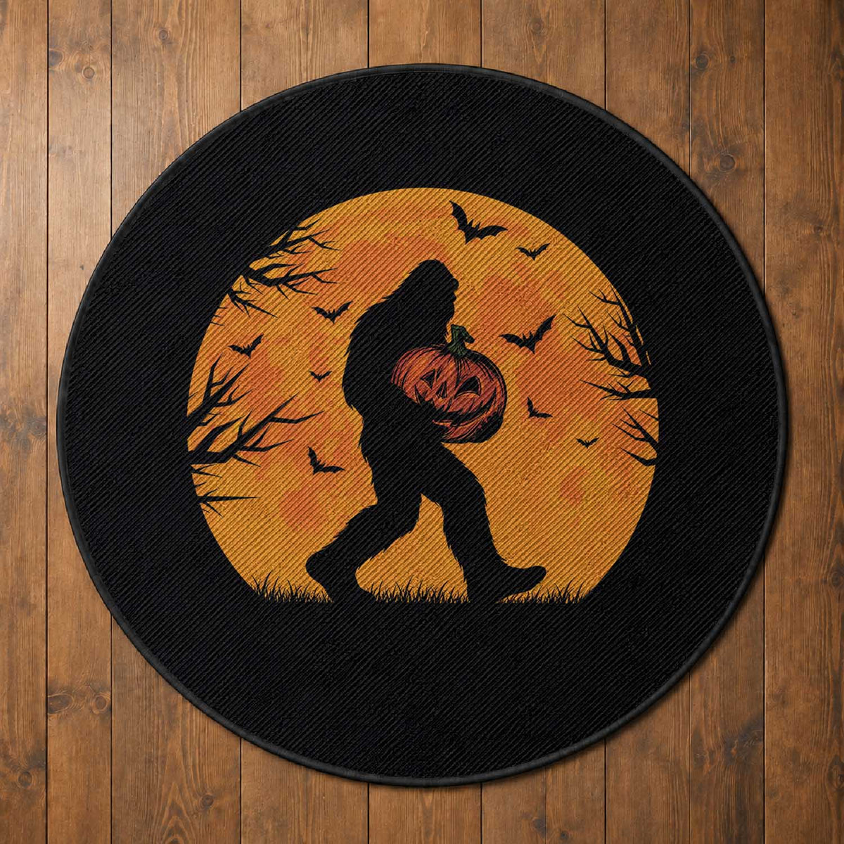 Funny Halloween Bigfoot Pumpkin Round Rug Spooky Cryptid Autumn Gift