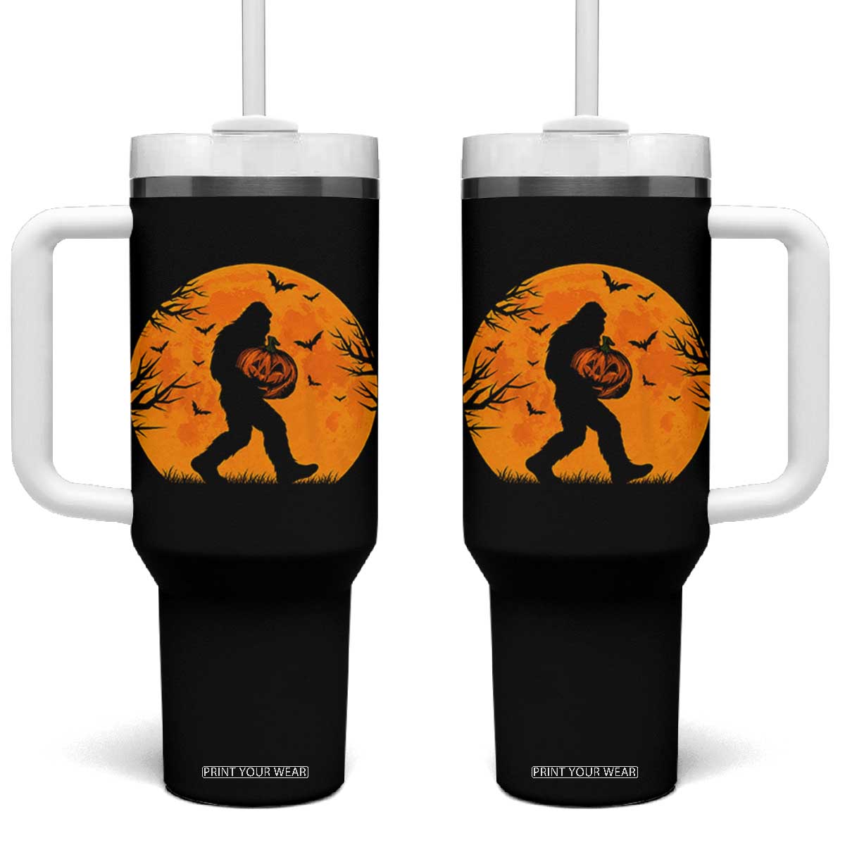 Funny Halloween Bigfoot Pumpkin Tumbler With Handle Spooky Cryptid Autumn Gift