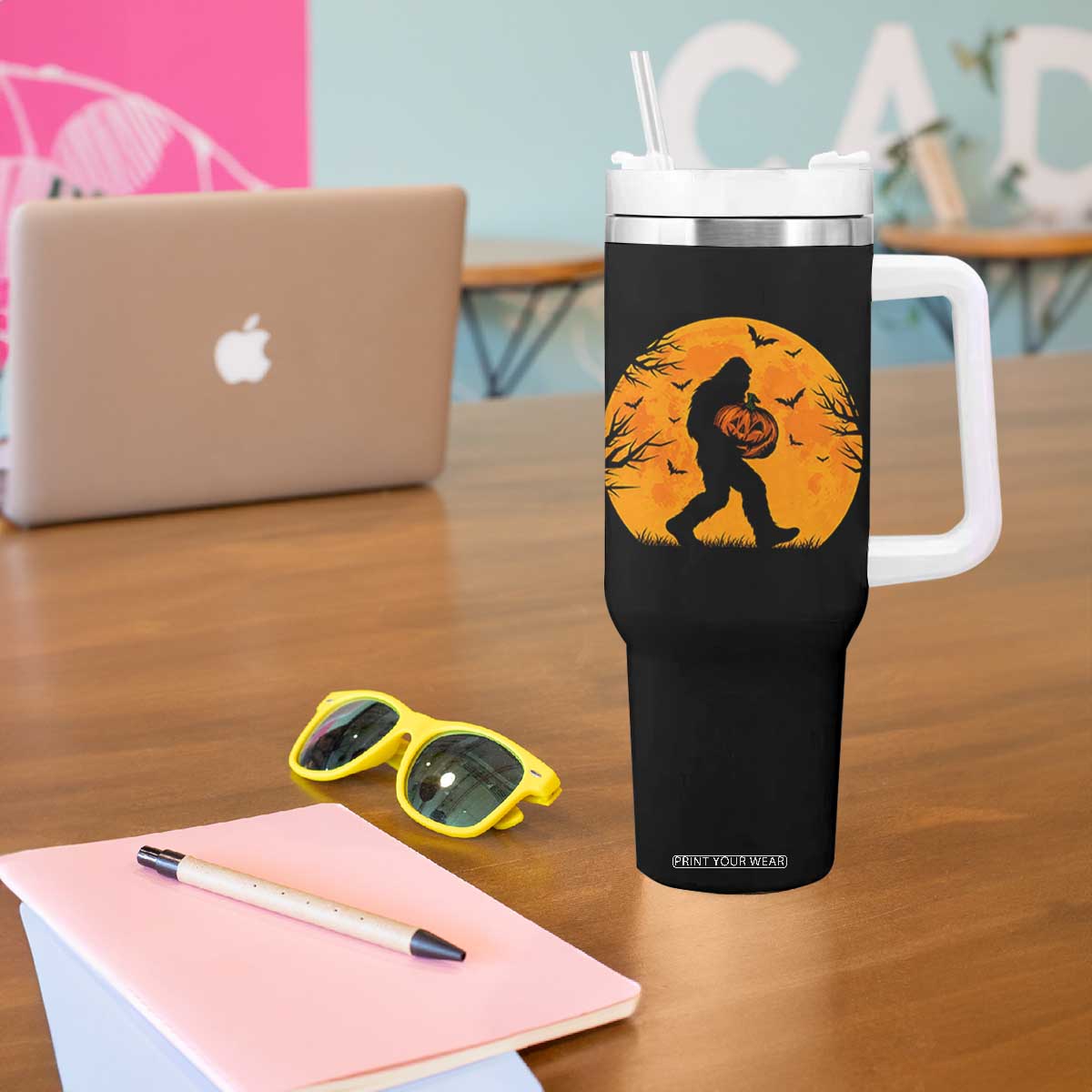Funny Halloween Bigfoot Pumpkin Tumbler With Handle Spooky Cryptid Autumn Gift