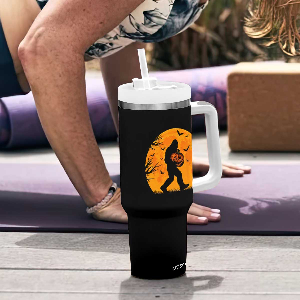 Funny Halloween Bigfoot Pumpkin Tumbler With Handle Spooky Cryptid Autumn Gift