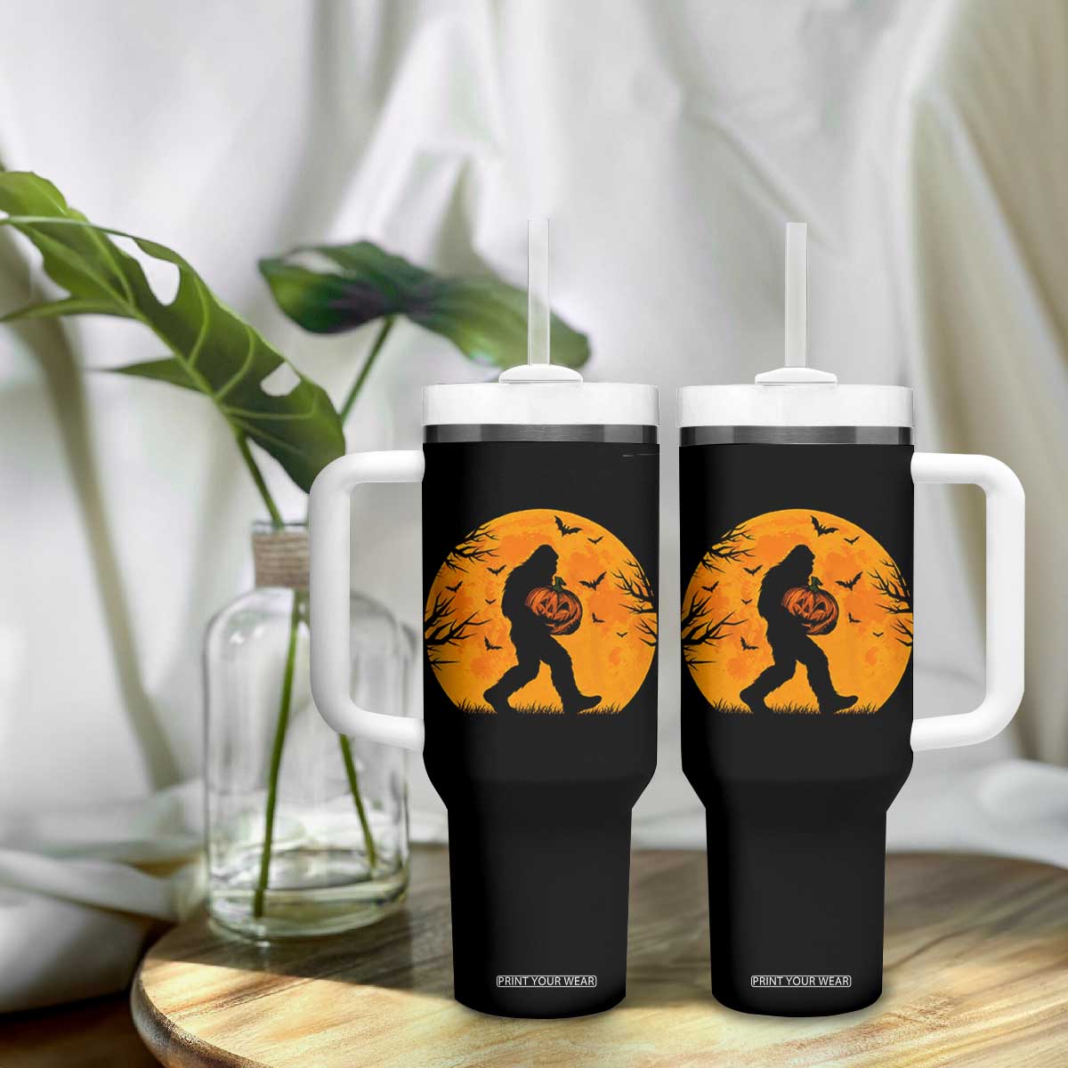 Funny Halloween Bigfoot Pumpkin Tumbler With Handle Spooky Cryptid Autumn Gift