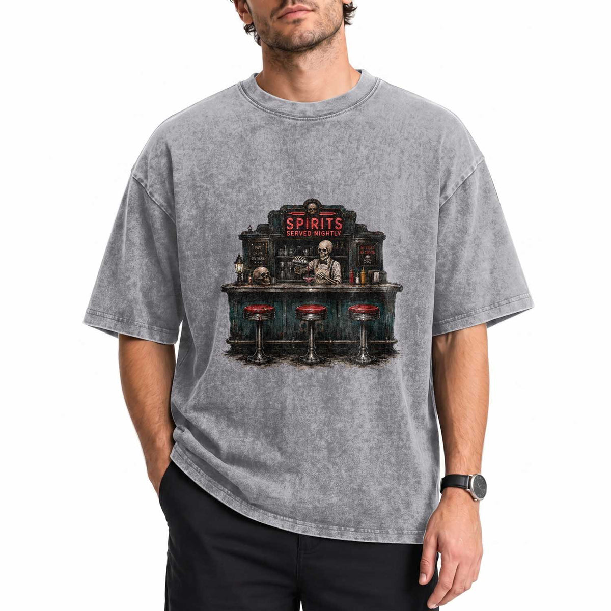 Skeleton Bartender Halloween Haunted Bar Washed Cotton T-Shirt Spirits Served Nightly Bar Lover