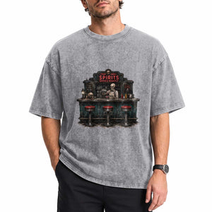 Skeleton Bartender Halloween Haunted Bar Washed Cotton T-Shirt Spirits Served Nightly Bar Lover