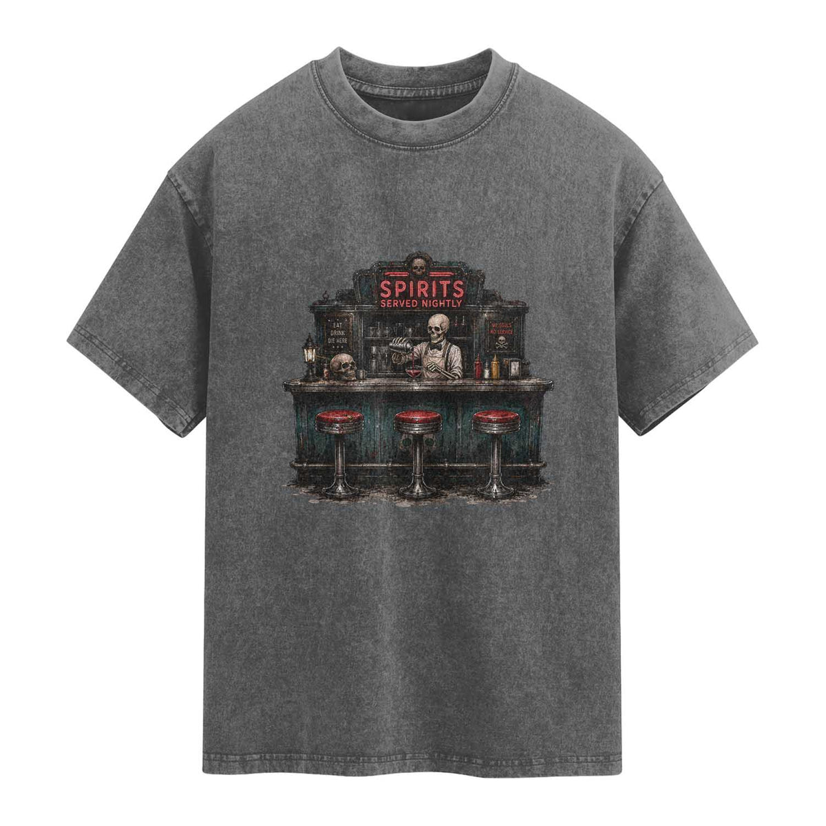 Skeleton Bartender Halloween Haunted Bar Washed Cotton T-Shirt Spirits Served Nightly Bar Lover