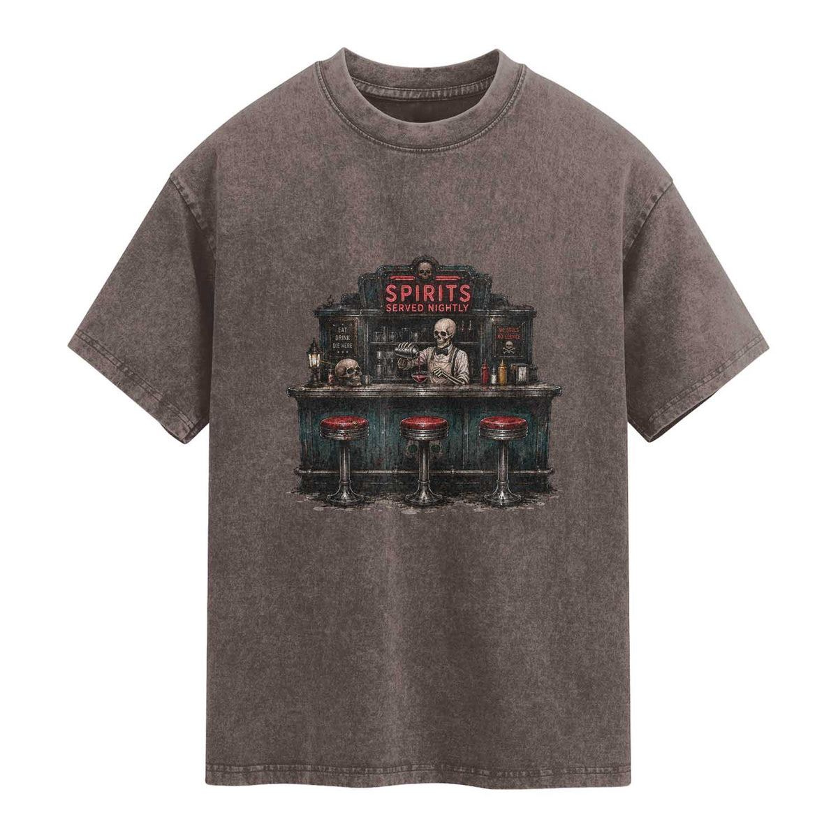 Skeleton Bartender Halloween Haunted Bar Washed Cotton T-Shirt Spirits Served Nightly Bar Lover