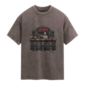 Skeleton Bartender Halloween Haunted Bar Washed Cotton T-Shirt Spirits Served Nightly Bar Lover