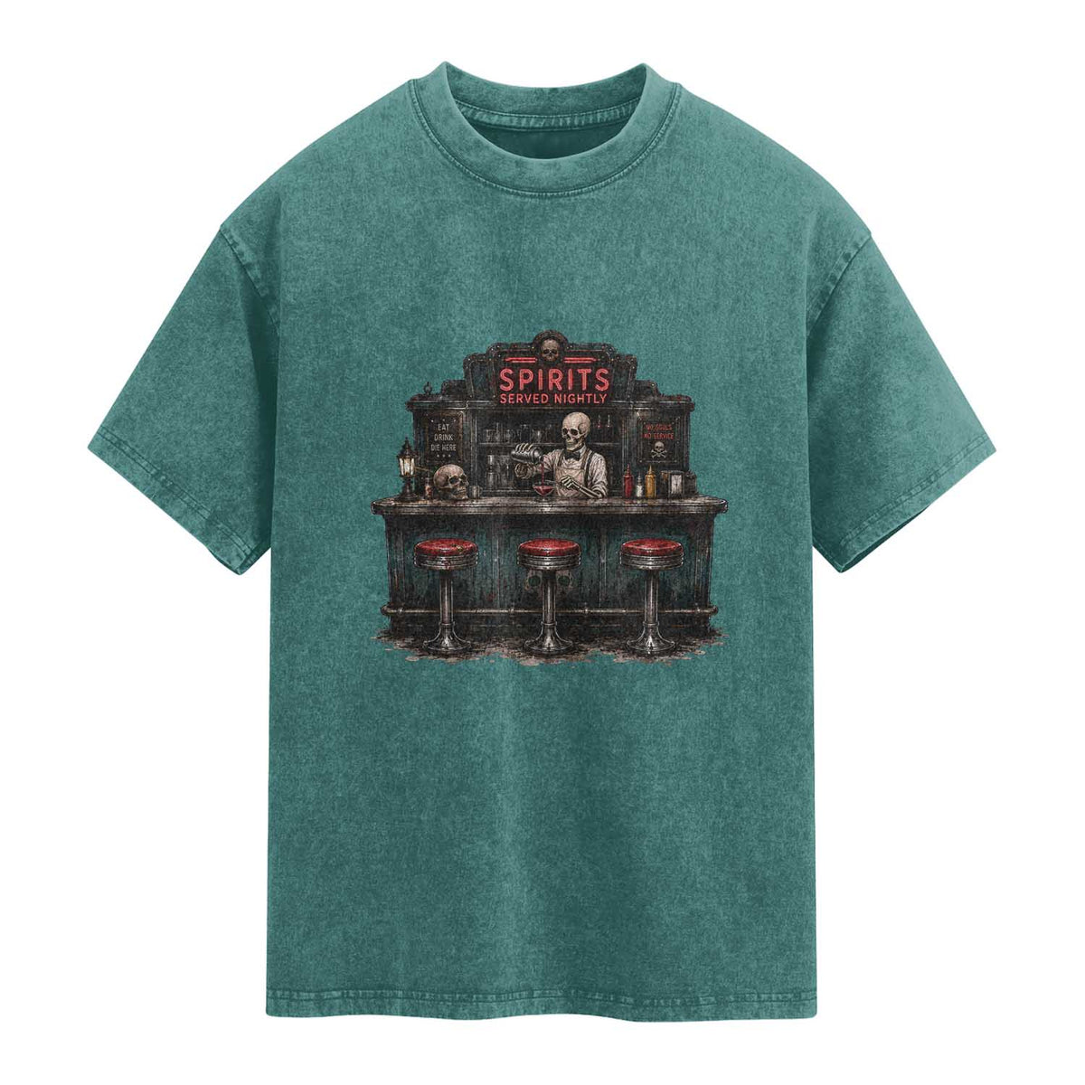Skeleton Bartender Halloween Haunted Bar Washed Cotton T-Shirt Spirits Served Nightly Bar Lover