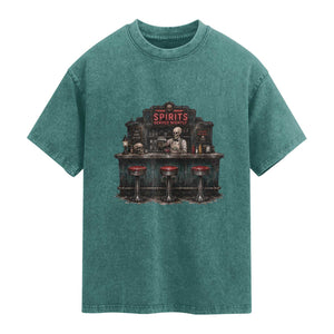 Skeleton Bartender Halloween Haunted Bar Washed Cotton T-Shirt Spirits Served Nightly Bar Lover