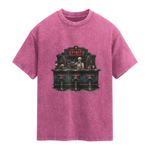 Skeleton Bartender Halloween Haunted Bar Washed Cotton T-Shirt Spirits Served Nightly Bar Lover