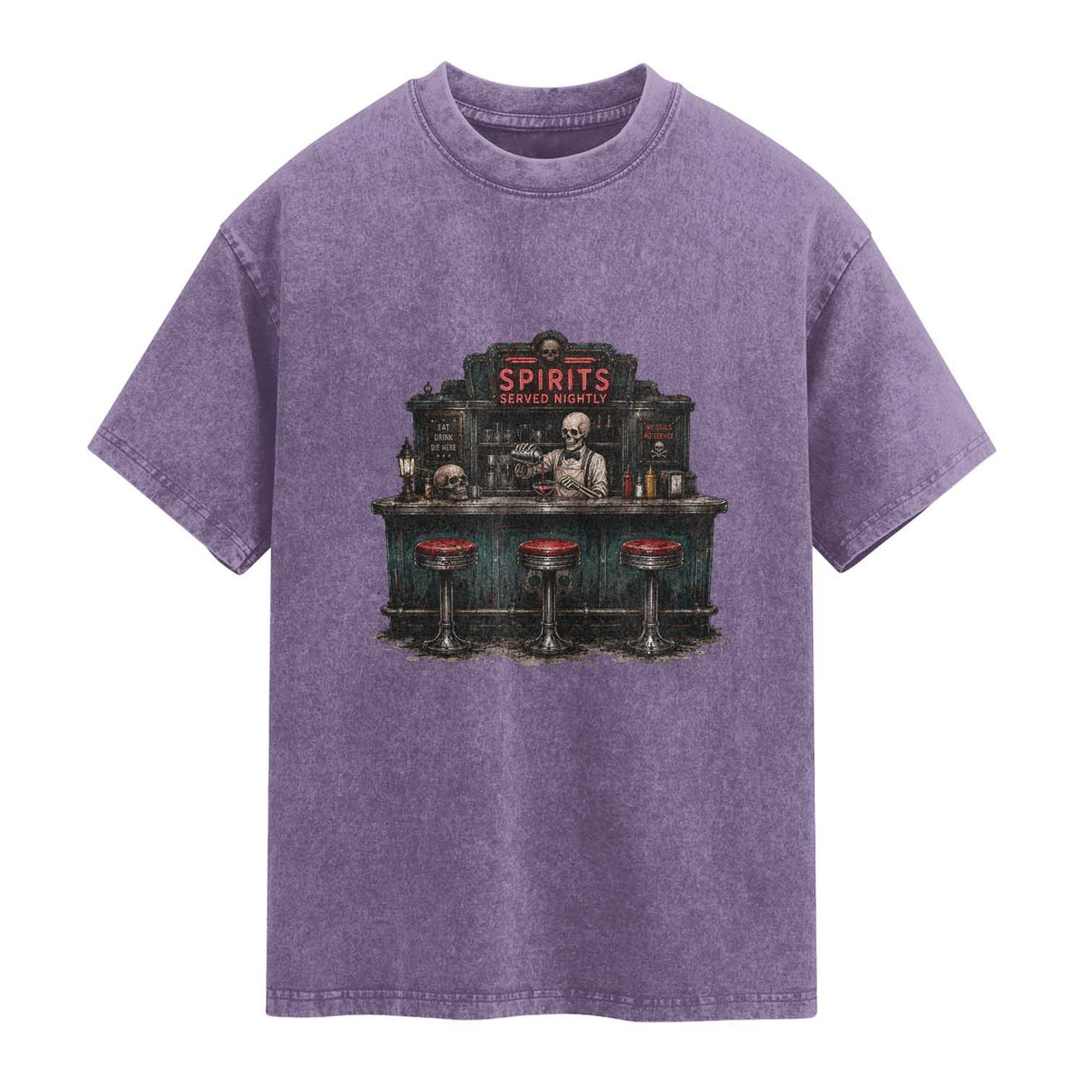 Skeleton Bartender Halloween Haunted Bar Washed Cotton T-Shirt Spirits Served Nightly Bar Lover