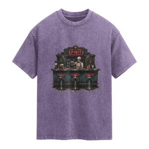 Skeleton Bartender Halloween Haunted Bar Washed Cotton T-Shirt Spirits Served Nightly Bar Lover