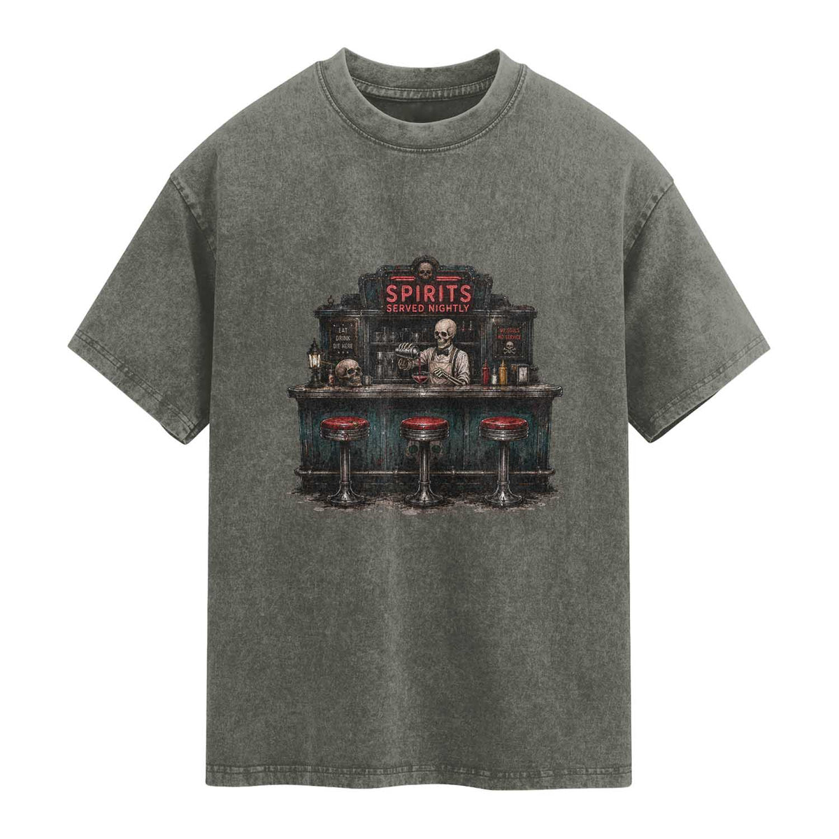 Skeleton Bartender Halloween Haunted Bar Washed Cotton T-Shirt Spirits Served Nightly Bar Lover