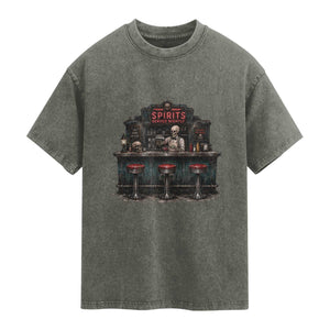 Skeleton Bartender Halloween Haunted Bar Washed Cotton T-Shirt Spirits Served Nightly Bar Lover