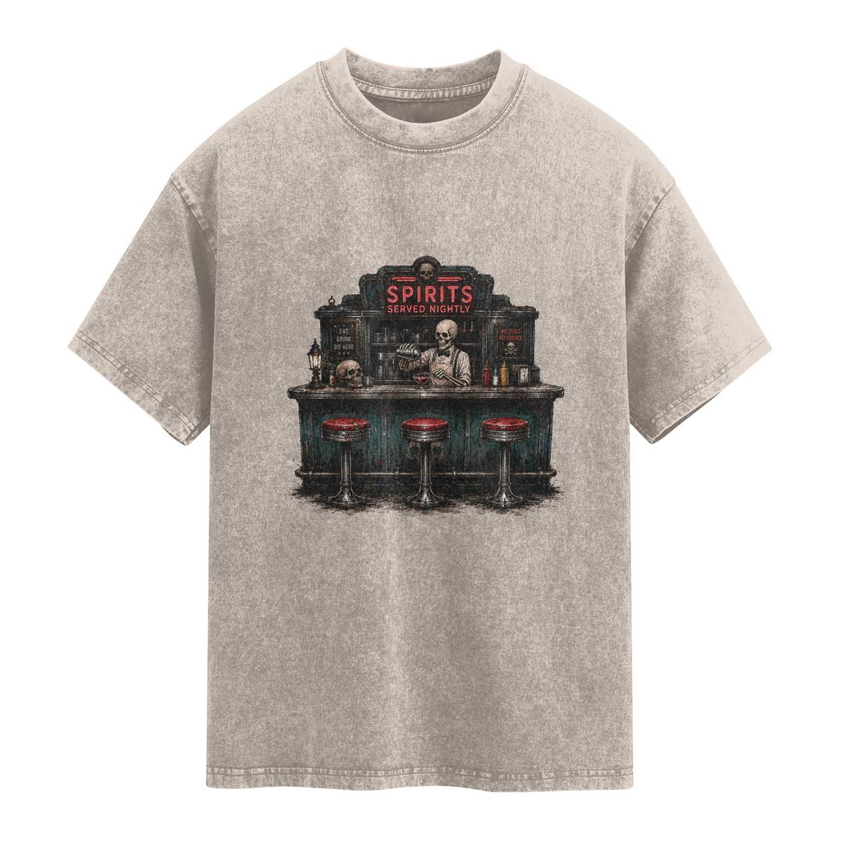 Skeleton Bartender Halloween Haunted Bar Washed Cotton T-Shirt Spirits Served Nightly Bar Lover