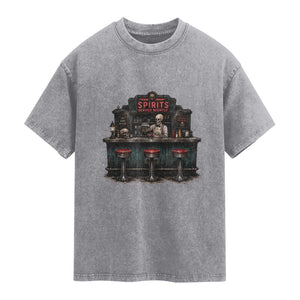 Skeleton Bartender Halloween Haunted Bar Washed Cotton T-Shirt Spirits Served Nightly Bar Lover