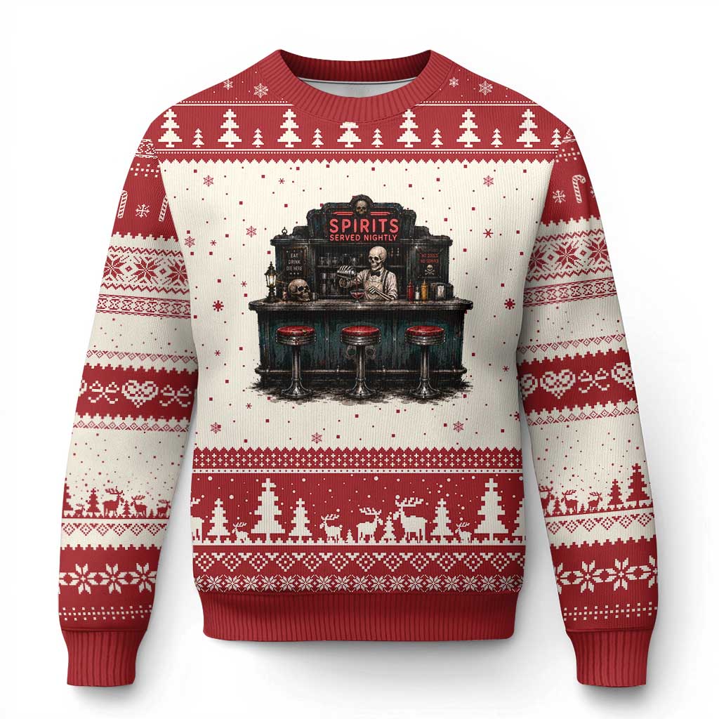 Skeleton Bartender Halloween Haunted Bar Ugly Christmas Sweater Spirits Served Nightly Bar Lover