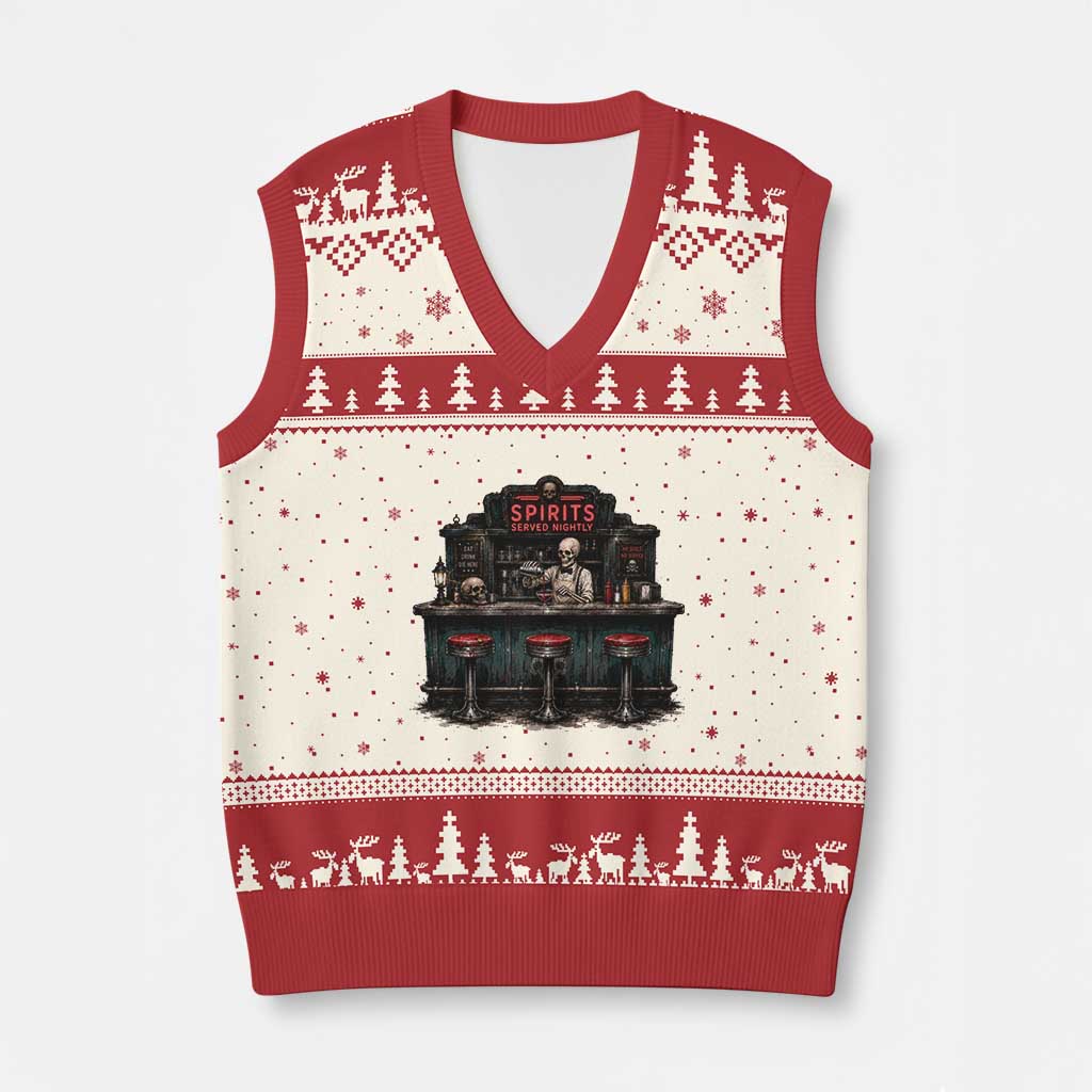 Skeleton Bartender Halloween Haunted Bar V-Neck Knit Sweater Vest Spirits Served Nightly Bar Lover