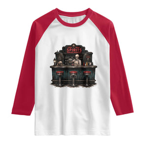 Skeleton Bartender Halloween Haunted Bar Raglan Shirt Spirits Served Nightly Bar Lover