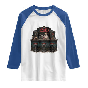 Skeleton Bartender Halloween Haunted Bar Raglan Shirt Spirits Served Nightly Bar Lover