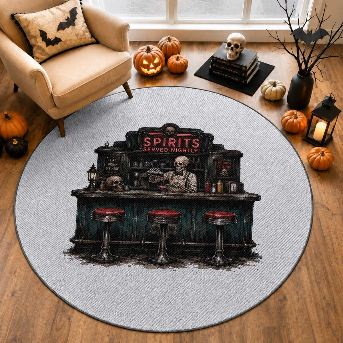 Skeleton Bartender Halloween Haunted Bar Round Rug Spirits Served Nightly Bar Lover