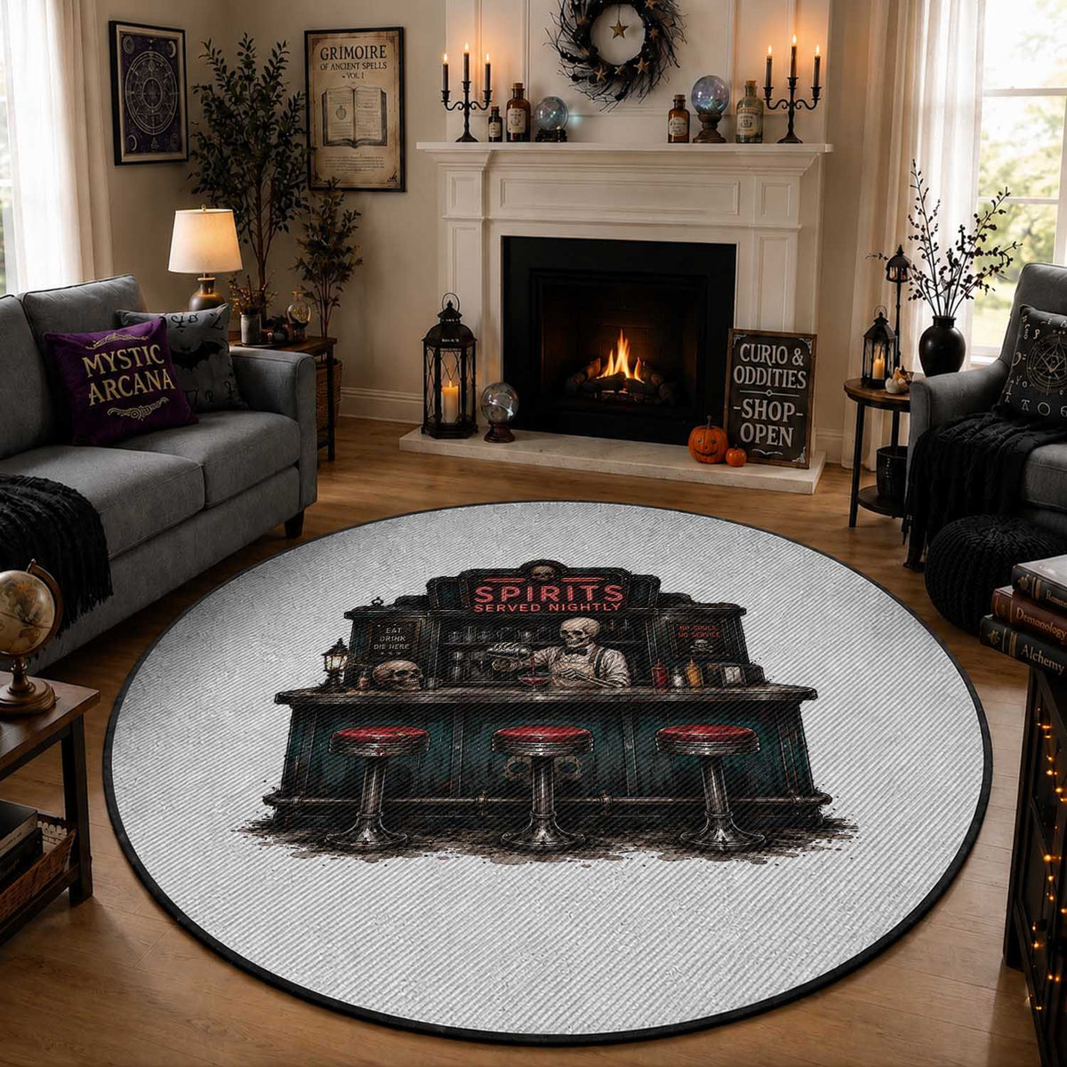 Skeleton Bartender Halloween Haunted Bar Round Rug Spirits Served Nightly Bar Lover