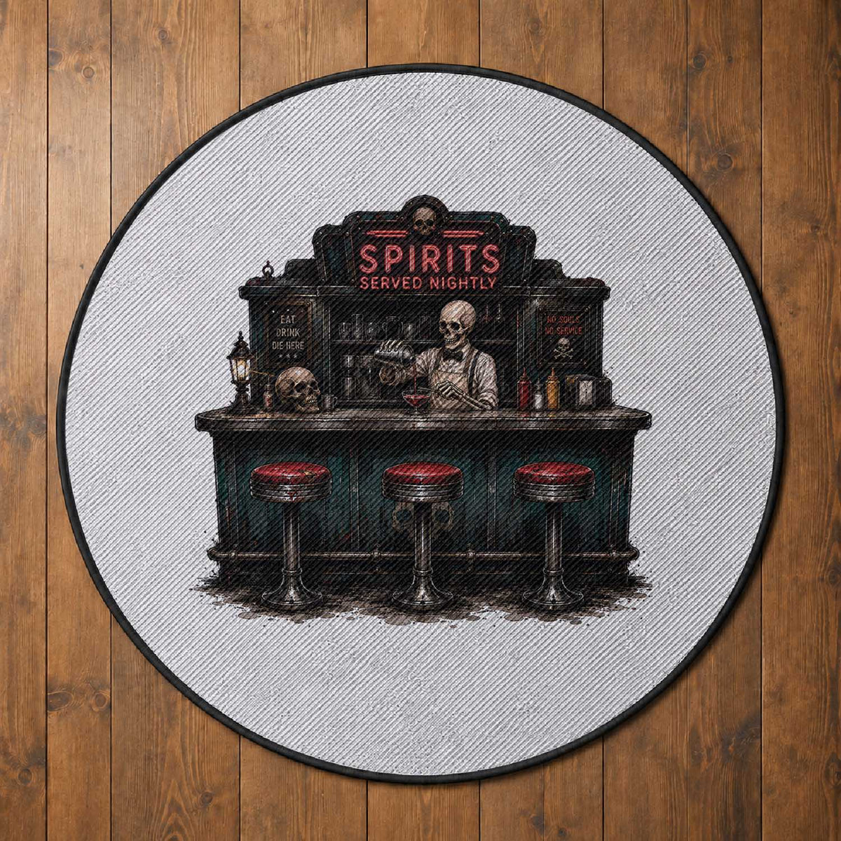 Skeleton Bartender Halloween Haunted Bar Round Rug Spirits Served Nightly Bar Lover