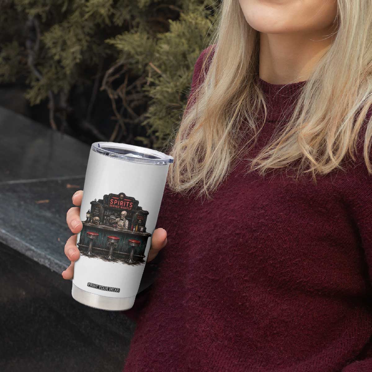 Skeleton Bartender Halloween Haunted Bar Tumbler Cup Spirits Served Nightly Bar Lover