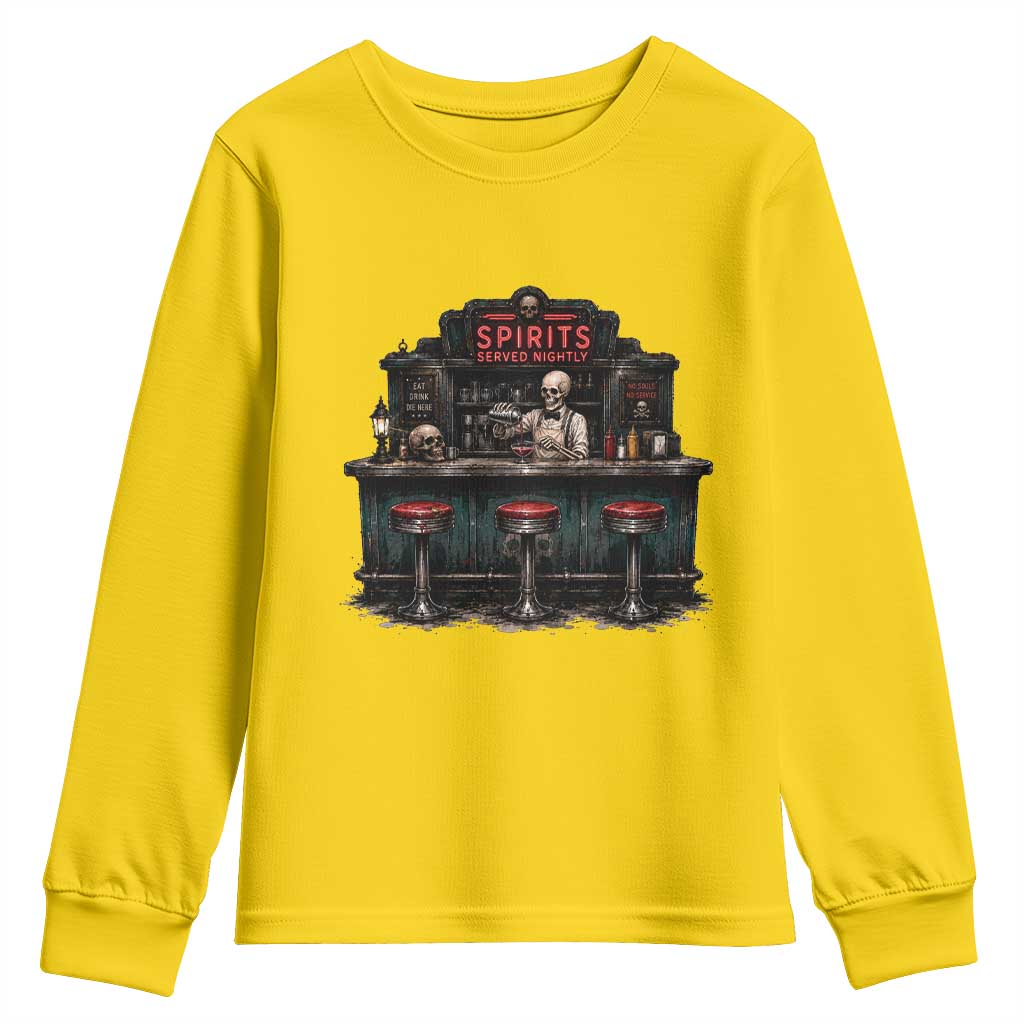 Skeleton Bartender Halloween Haunted Bar Youth Sweatshirt Spirits Served Nightly Bar Lover