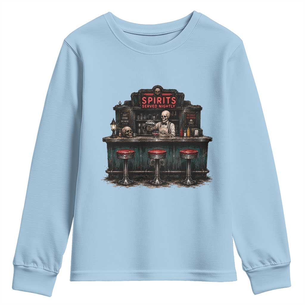 Skeleton Bartender Halloween Haunted Bar Youth Sweatshirt Spirits Served Nightly Bar Lover