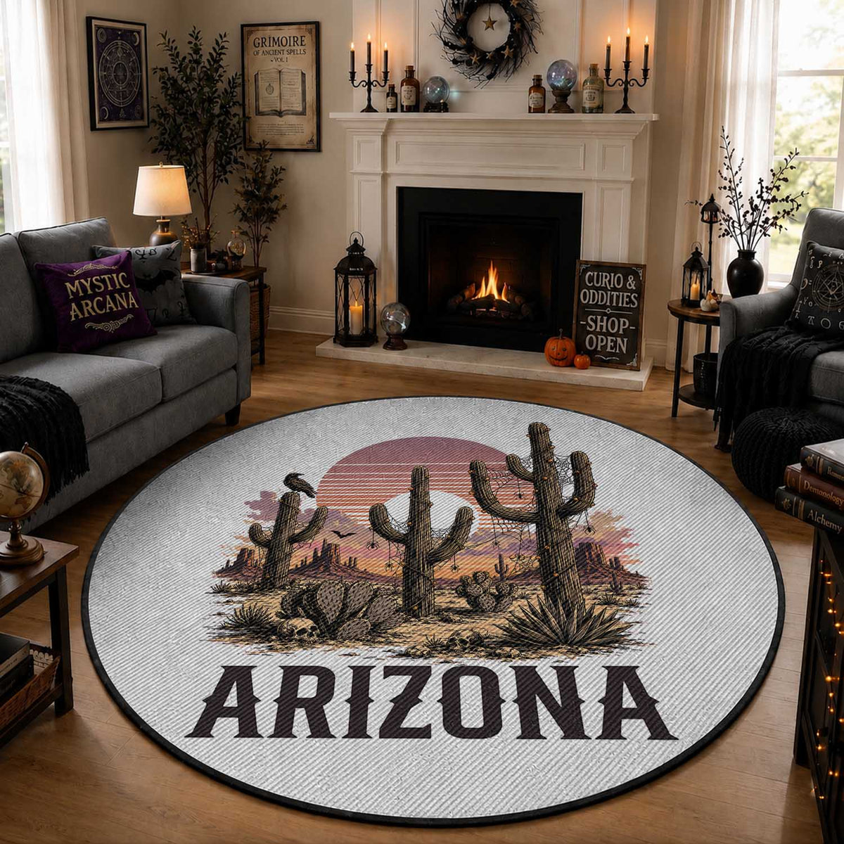 Arizona Halloween Retro Desert Cactus Round Rug Grand Canyon State Spooky Sunset
