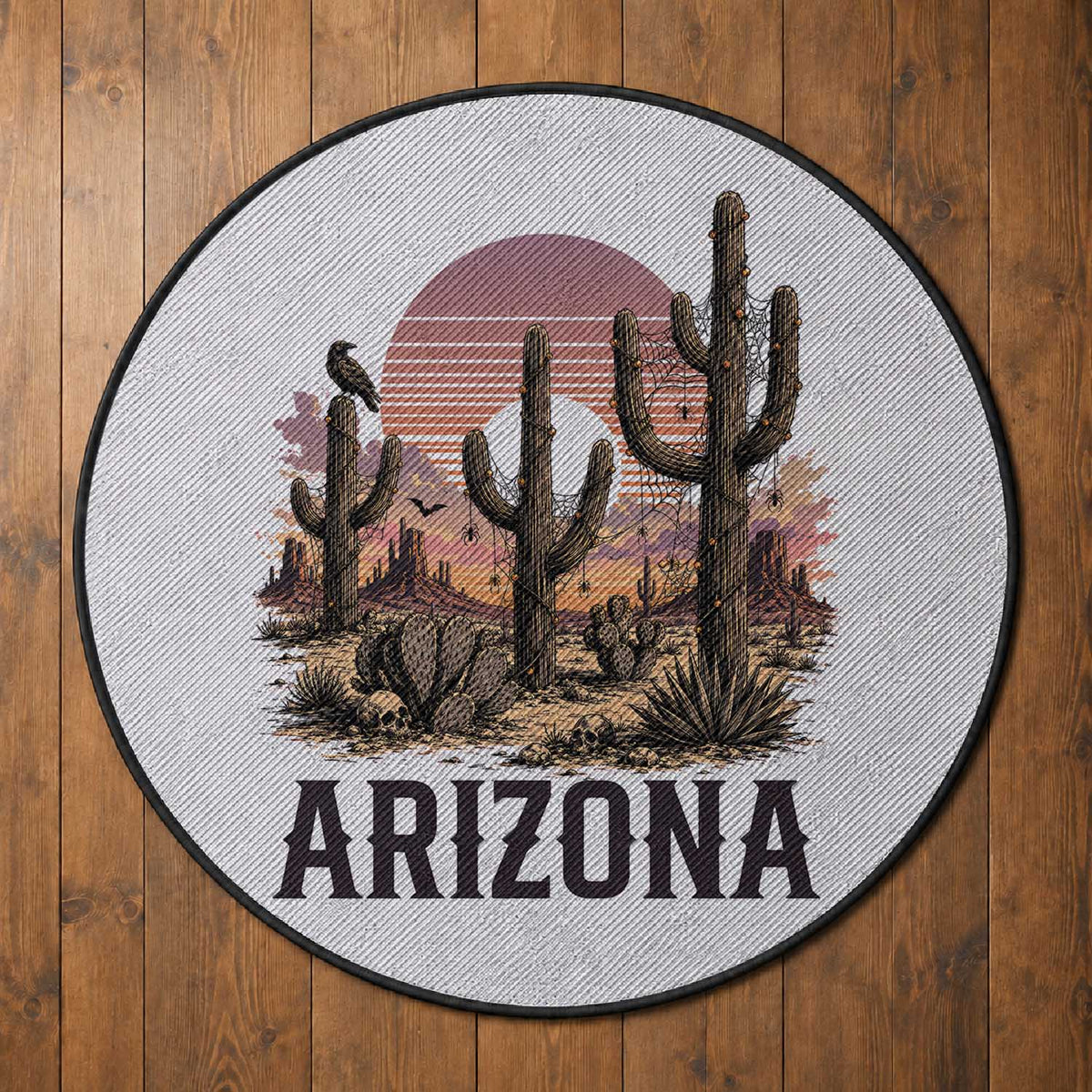 Arizona Halloween Retro Desert Cactus Round Rug Grand Canyon State Spooky Sunset