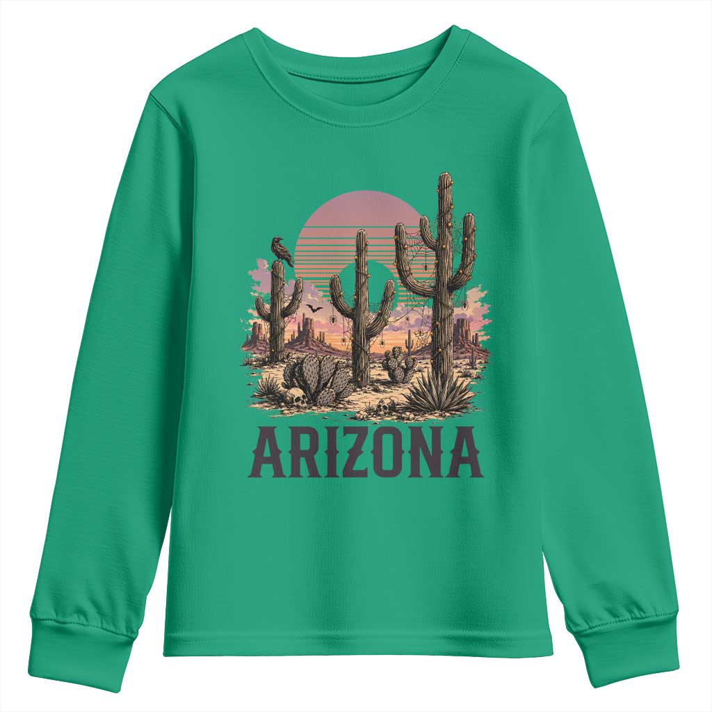 Arizona Halloween Retro Desert Cactus Youth Sweatshirt Grand Canyon State Spooky Sunset