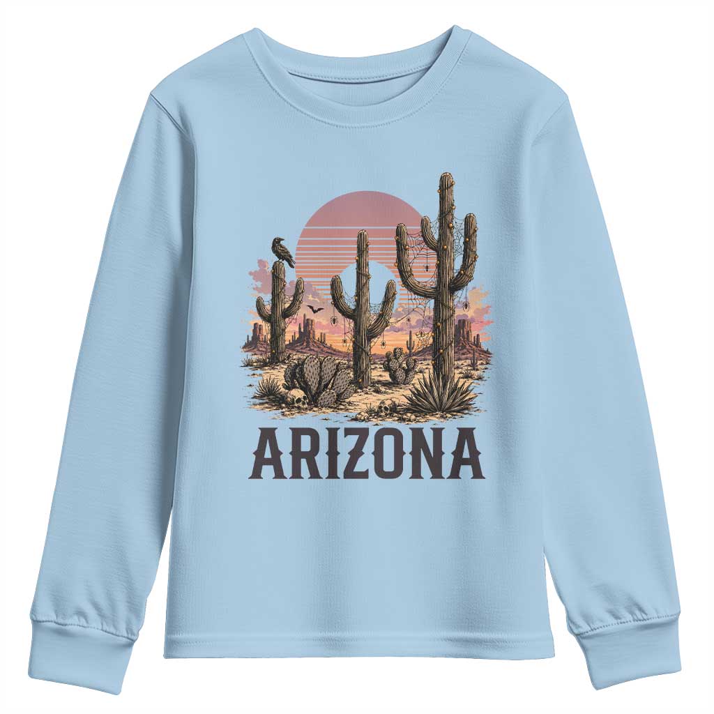 Arizona Halloween Retro Desert Cactus Youth Sweatshirt Grand Canyon State Spooky Sunset