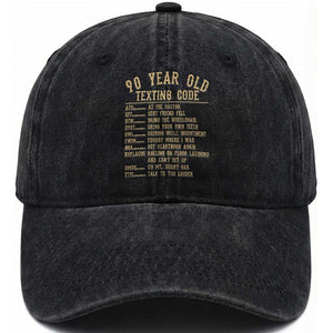 Funny 90 Year Old Texting Code Washed Cotton Baseball Cap Senior Citizen 90th Birthday Gift