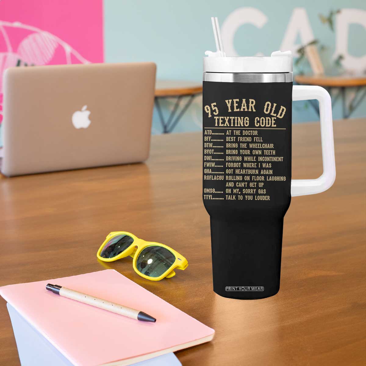 Funny 95 Year Old Texting Code Tumbler With Handle Senior Citizen 95th Birthday Gift