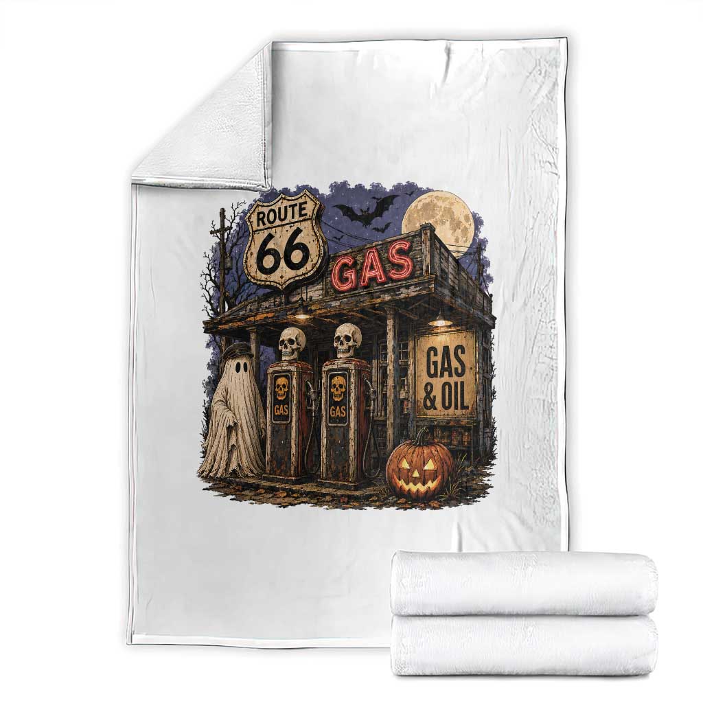 Route Highway 66 Spooky Gas Station Ghost Throw Blanket Gas Attendant Halloween Road Trip