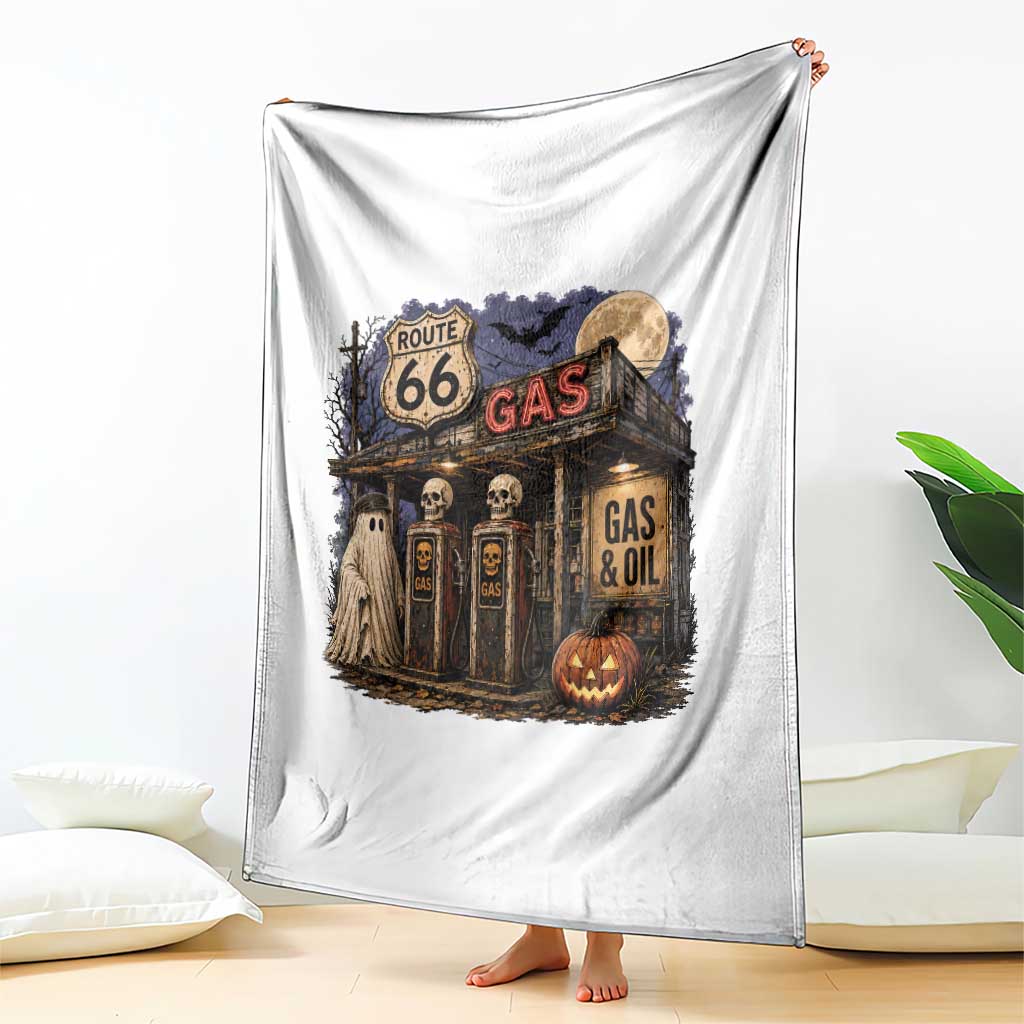 Route Highway 66 Spooky Gas Station Ghost Throw Blanket Gas Attendant Halloween Road Trip