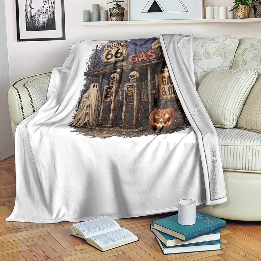 Route Highway 66 Spooky Gas Station Ghost Throw Blanket Gas Attendant Halloween Road Trip