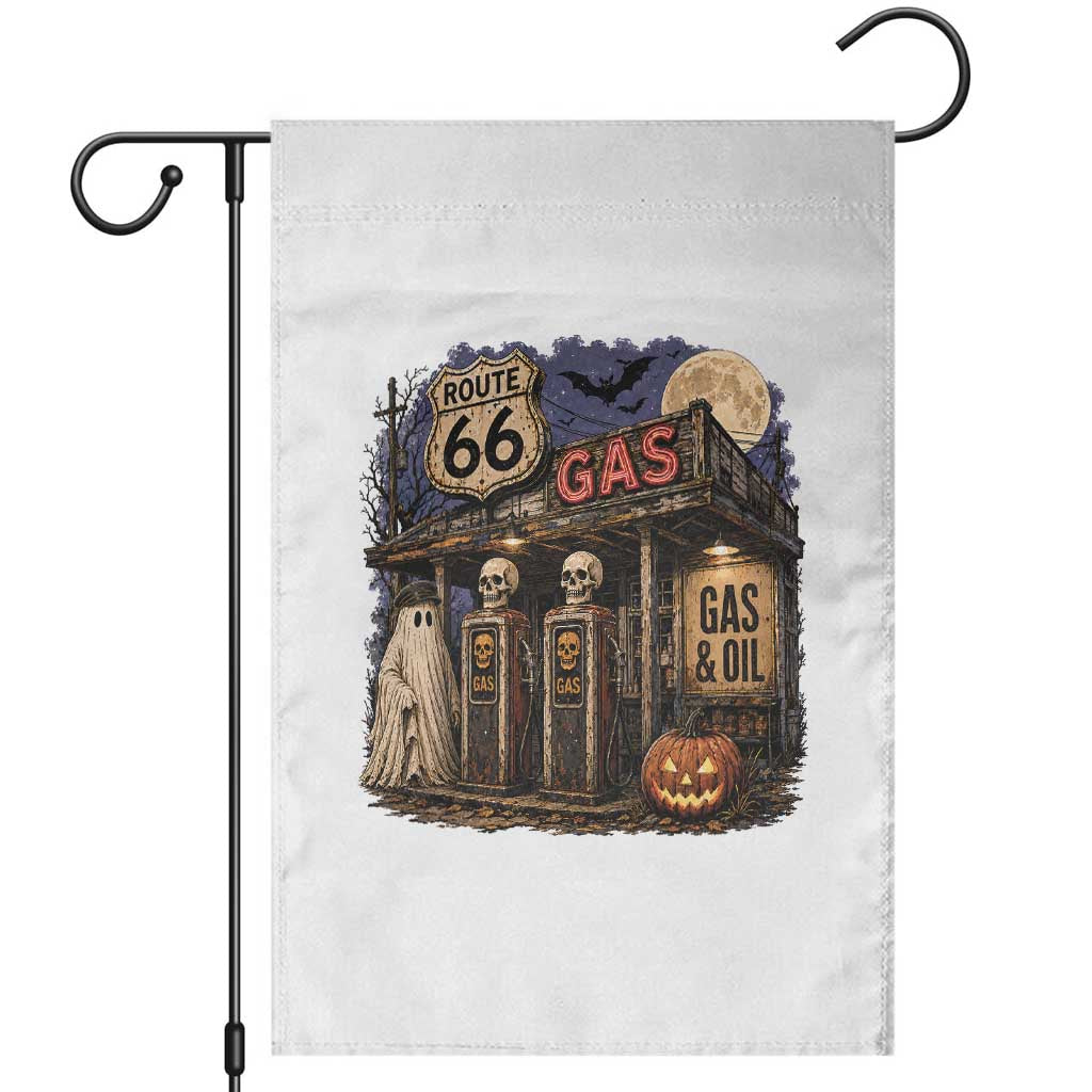 Route Highway 66 Spooky Gas Station Ghost Garden Flag Gas Attendant Halloween Road Trip