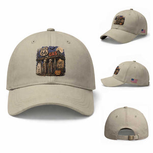 Route Highway 66 Spooky Gas Station Ghost Baseball Cap Gas Attendant Halloween Road Trip