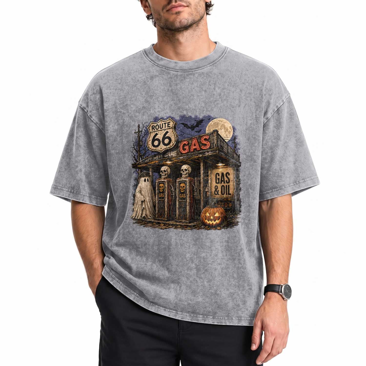 Route Highway 66 Spooky Gas Station Ghost Washed Cotton T-Shirt Gas Attendant Halloween Road Trip