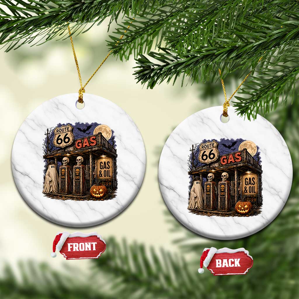 Route Highway 66 Spooky Gas Station Ghost Ceramic Ornament Gas Attendant Halloween Road Trip