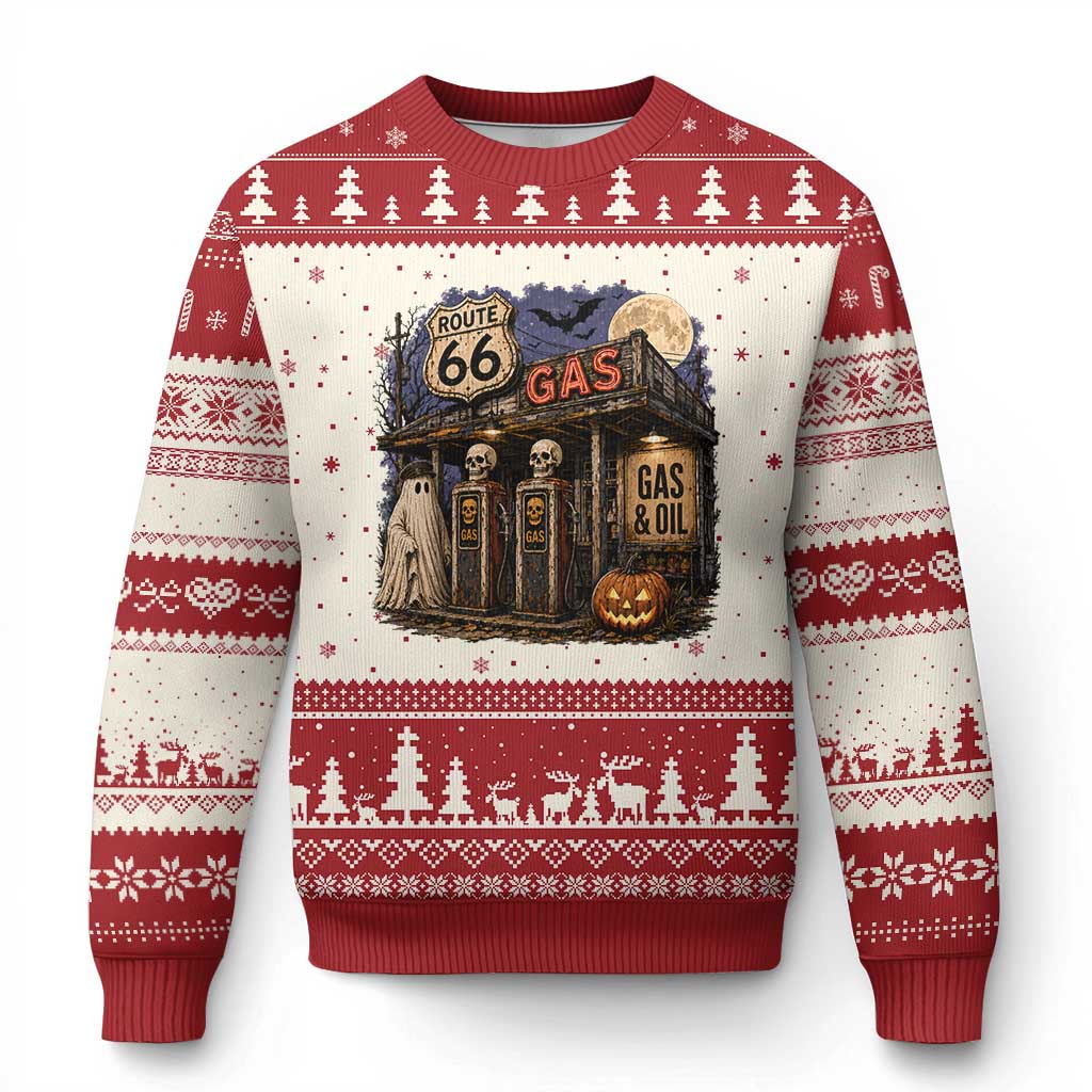 Route Highway 66 Spooky Gas Station Ghost Ugly Christmas Sweater Gas Attendant Halloween Road Trip