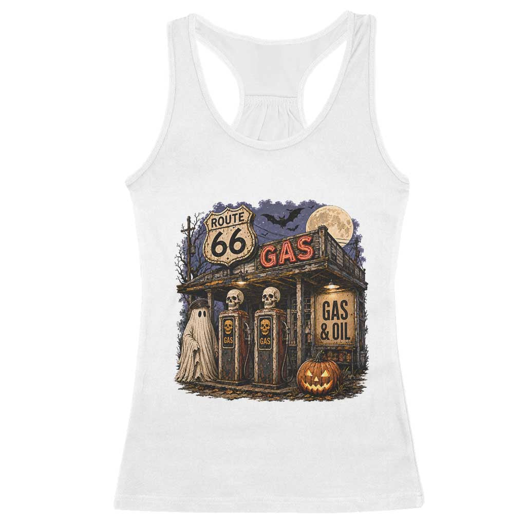 Route Highway 66 Spooky Gas Station Ghost Racerback Tank Top Gas Attendant Halloween Road Trip