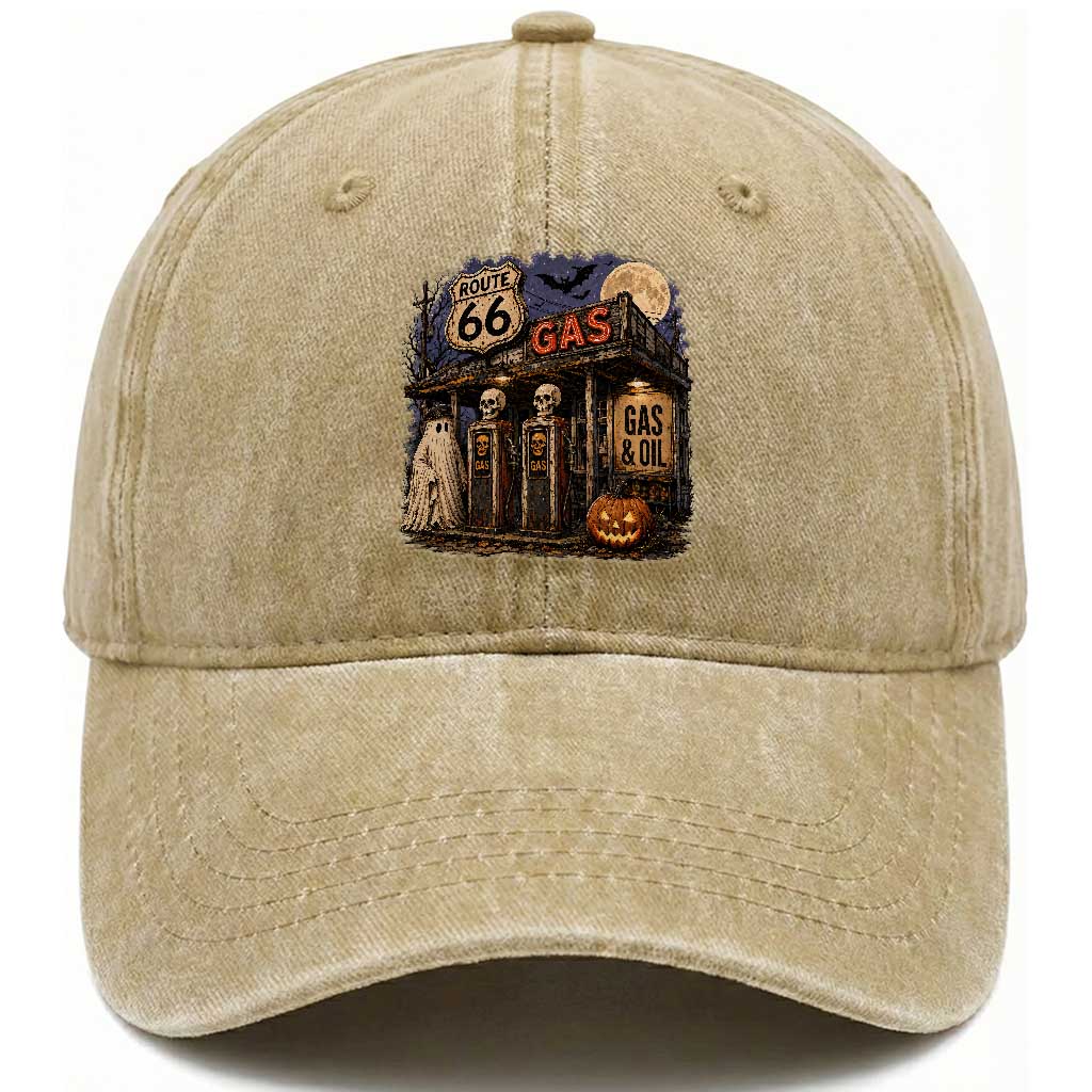 Route Highway 66 Spooky Gas Station Ghost Washed Cotton Baseball Cap Gas Attendant Halloween Road Trip