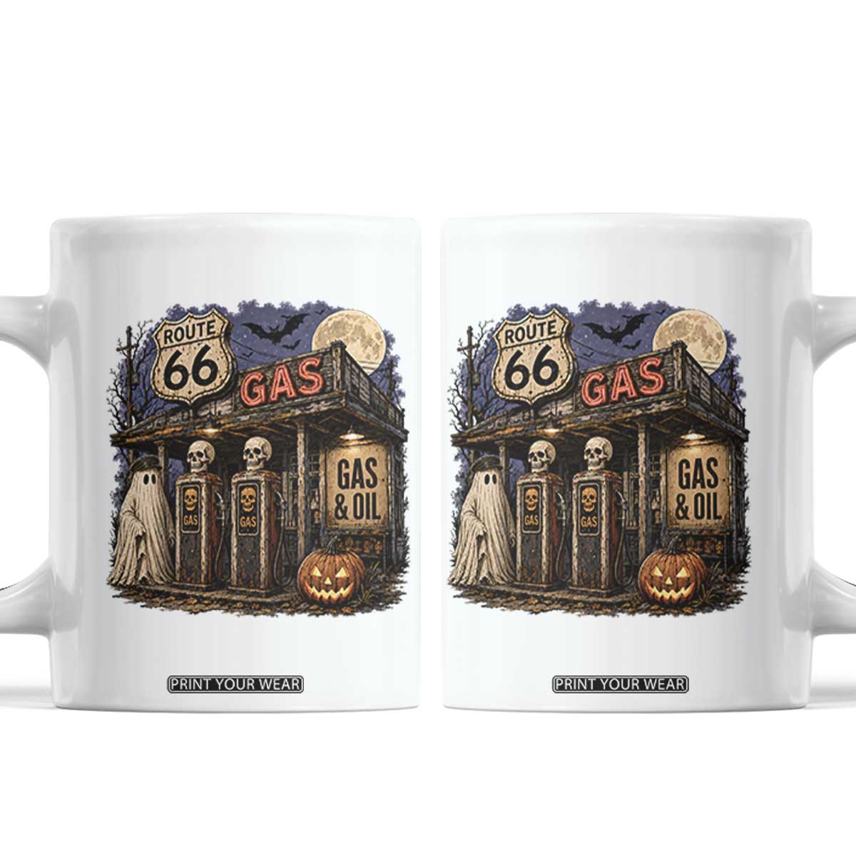 Route Highway 66 Spooky Gas Station Ghost Coffee Mug Gas Attendant Halloween Road Trip