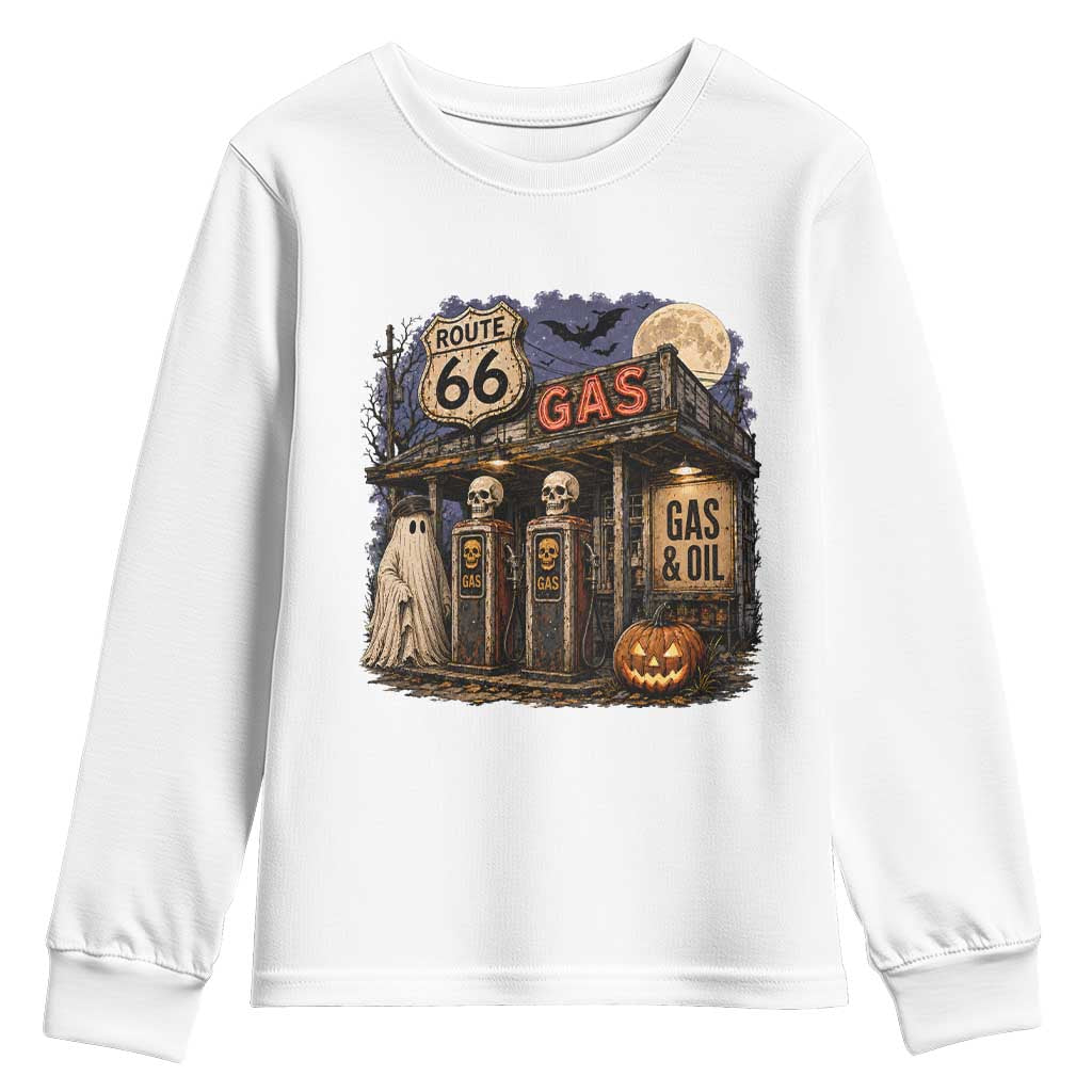 Route Highway 66 Spooky Gas Station Ghost Youth Sweatshirt Gas Attendant Halloween Road Trip