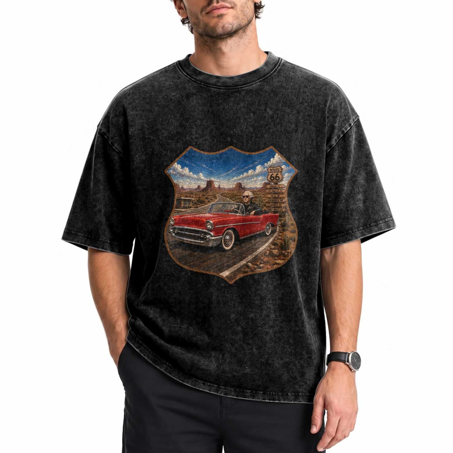 Funny George Washington Route Highway 66 Washed Cotton T-Shirt Historical Parody Patriotic Road Trip