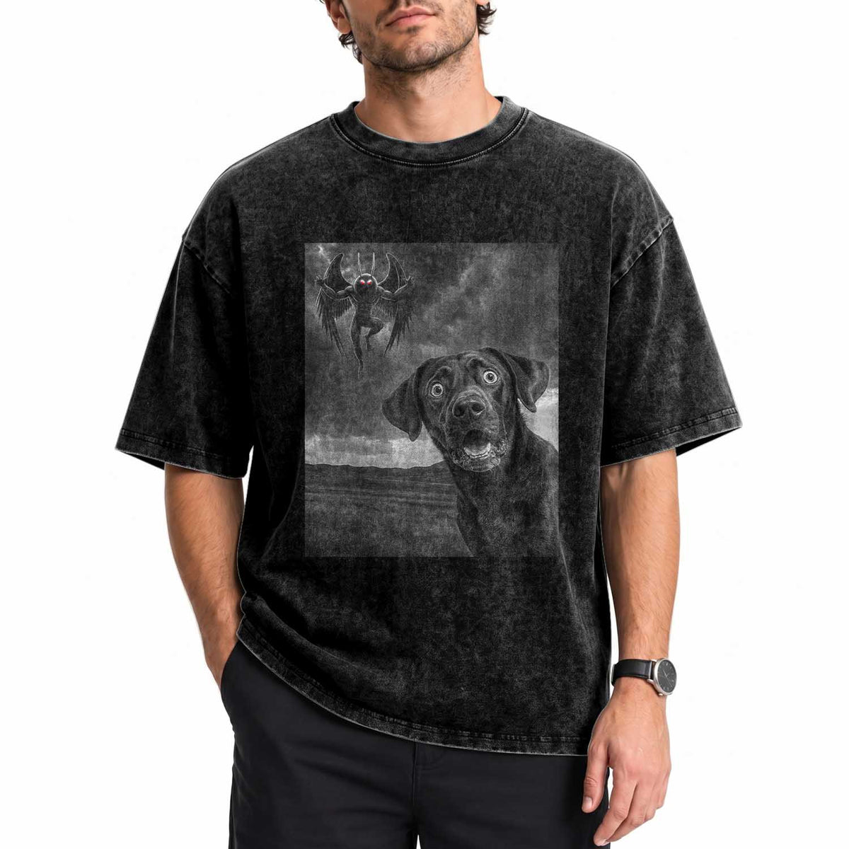 Funny Labrador Selfie With Mothman Washed Cotton T-Shirt Cryptid Gift