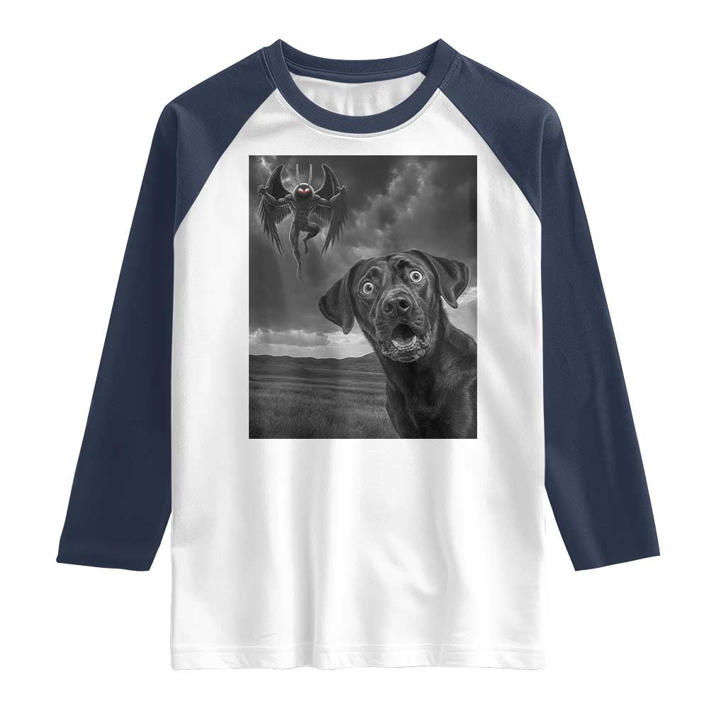 Funny Labrador Selfie With Mothman Raglan Shirt Cryptid Gift TS12 White Navy Print Your Wear